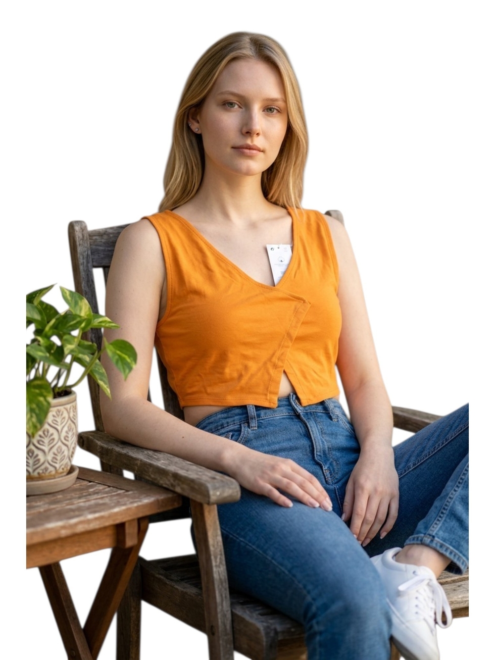 Zara Sleeveless Orange V-Neck Open Front Crop Top Vest